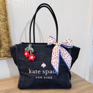 Kate Spade Ella Large Monogram Midnight Blue Denim Tote Bag